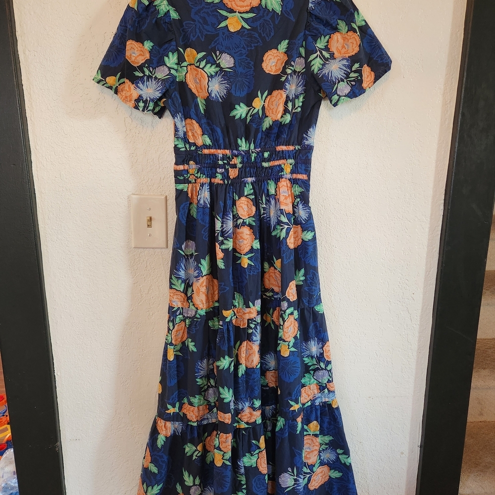 Anthropologie Somerset Maxi Dress Blue Orange Floral V Neck Smocked Waist Size S - Picture 8 of 8